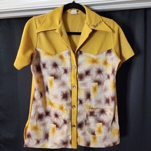 Rare OOAK Vintage 70s Bowling Diner Polyester Shirt Mustard Yellow Brown Size L